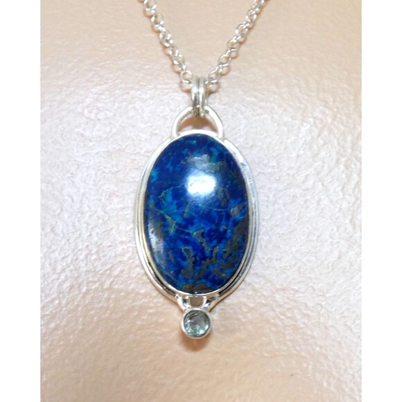 Natural Deep Blue Azurite & Blue Topaz  925 Sterling Silver Pendant - Picture 1 of 8